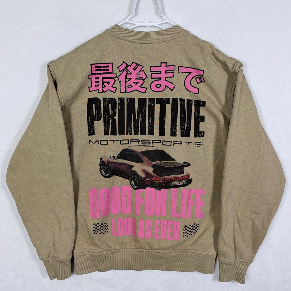 Primitive Motorsports Graphic Crewneck Sweatshirt Tan Khaki Mens Small Car JDM